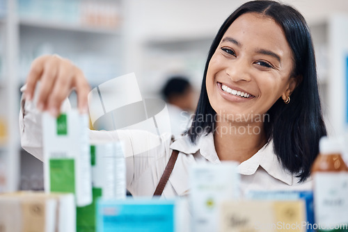 Image of Pharmacy portrait, happy woman and customer shopping for medicine, supplements product or drugs store pharmaceutical. Retail hospital shop, clinic pills and client face for medical healthcare choice