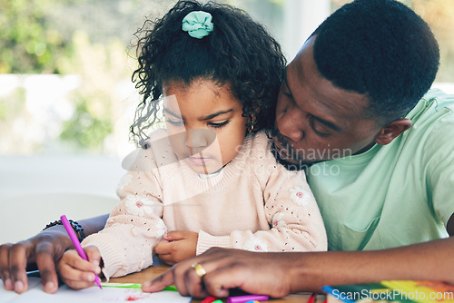 Image of Learning, father or girl drawing for education in kindergarten with homework or school art project at home. Family, color or African dad loves helping a creative toddler or student with development