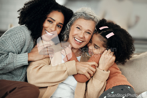 Image of Happy, hug and portrait of family on mothers day, visit and affection while bonding. Smile, love and mother, child and grandmother hugging, being affectionate and cheerful for quality time together