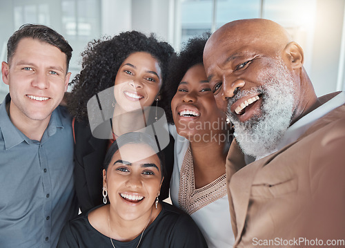 Image of Office selfie, portrait or team building for about us profile picture in workplace with happy smile together. Teamwork, business, diversity or faces of group of people after fun collaboration meeting