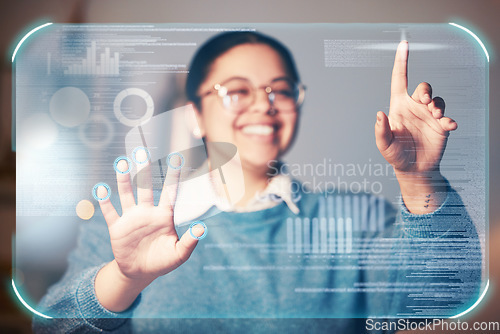 Image of Woman smile, hands or hologram screen in night office on financial management, stock market trading or business growth data. Zoom, worker or finger on abstract touch for chart or interactive finance