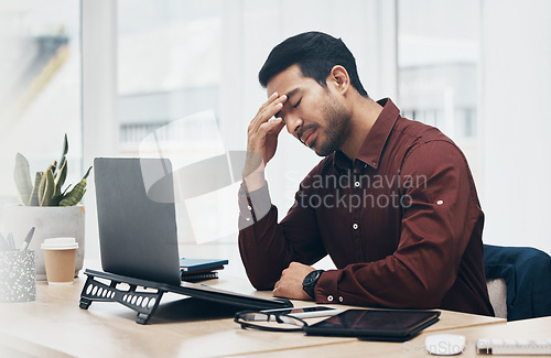 Image of Laptop error, headache or man stress over financial crypto crisis, forex stock market crash or NFT investment mistake. Burnout, 404 fintech problem or tired man worry over bitcoin database glitch