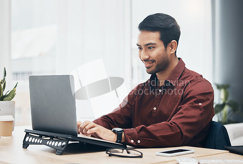 Image of Asian business man, laptop and smile with typing, schedule or planning for data analysis on web app. Young businessman, satisfied or happiness on mobile computer for agenda, strategy or digital notes