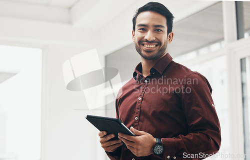 Image of Happy asian business man, tablet and portrait for schedule, planning or data analysis on web app. Young businessman, leader or happiness on mobile touchscreen for agenda, strategy and digital notes