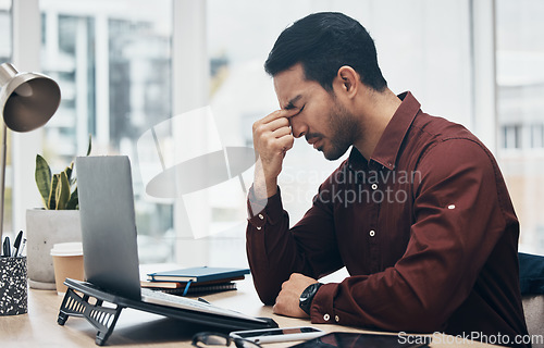 Image of Laptop, headache or sad man stress over financial crypto problem, forex stock market crash or NFT investment mistake. Burnout profile, 404 fintech fail or tired man worry over bitcoin database glitch