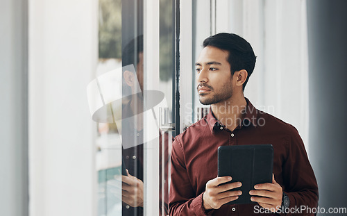 Image of Tablet, window and Indian businessman thinking, concentration and planning digital project idea. Startup, development and assessment online for new property design, architect brainstorming in office.