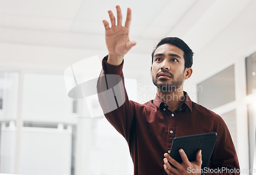 Image of Virtual, tablet and person gesture at architect engineering design, cyber UI schematic or blueprint digital transformation. Floor plan screen, IOT dashboard hud and architect man remodeling office