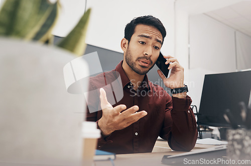 Image of Phone call communication, problem or man talking to tech contact about company crisis, economy fail or bankruptcy. Mental health, stress or person consulting, networking or in conversation for advice