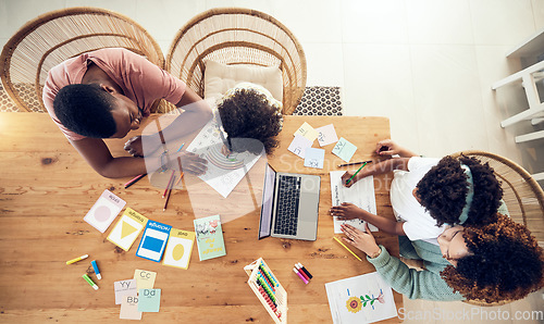 Image of Elearning, eduction and homework with black family at table from top view for creative, care and tutor. Distance learning, schoolwork and child development with parents and children for online course