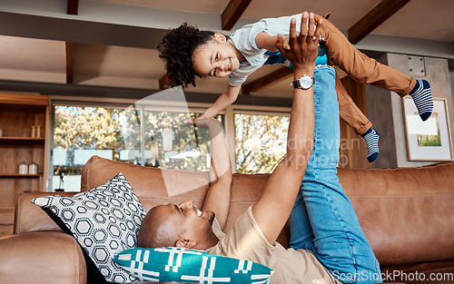 Image of Airplane, family and father with girl on a sofa for game, playing and bonding in their home together. Fly, love and parent with child in living room, happy and smile while enjoying the weekend inside