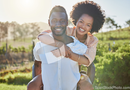 Image of Love, piggyback and couple in nature for a date, marriage hug and smile for holiday romance in Puerto Rico. Happy, affection and portrait of a black man and woman at a countryside farm for vacation