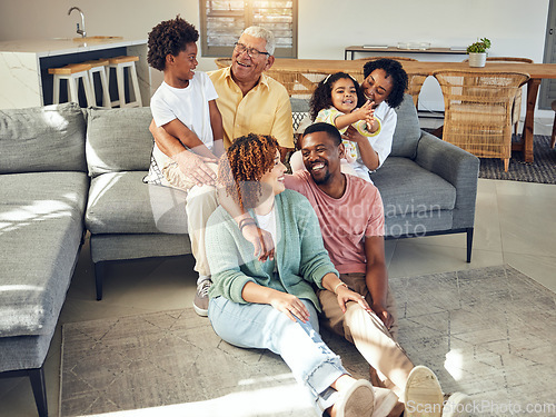 Image of Happy family, love and relax in living room with generations, support and trust, grandparents with parents and children. Together, unity and people at home with bonding, smile and happiness with care