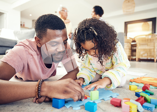 Image of Family, building blocks and dad with girl on floor in living room for playing, bonding and quality time. Love, educational toys and happy father with child with toys, relaxing and creative activity