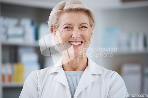 Image of Pharmacy, pharmacist portrait and smile of woman in drugstore or medicine shop. Healthcare, doctor face and happy, proud and confident senior medical professional from Canada laughing for career.