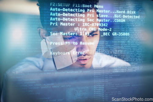 Image of Computer hologram, night and man programming software server overlay or future cybersecurity system. Face reading virtual script, database programmer and developer problem solving cyber security code