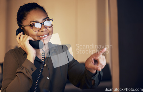 Image of Telephone, night and business woman on desktop monitor for technical support, global information or online career. Professional black person on computer, phone call discussion and work from home help