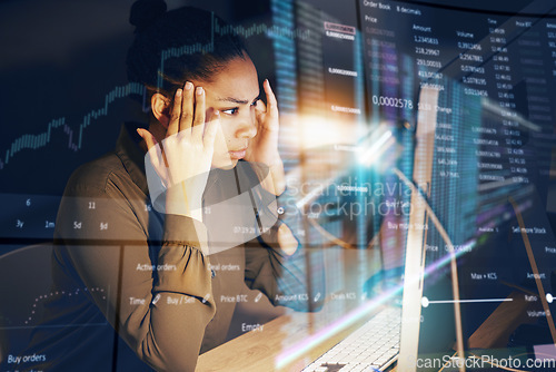 Image of Future data, computer and woman stress over financial fail, investment overlay or night trading. Mental health problem, economy fail and African trader risk on stock market crash, crisis or dashboard