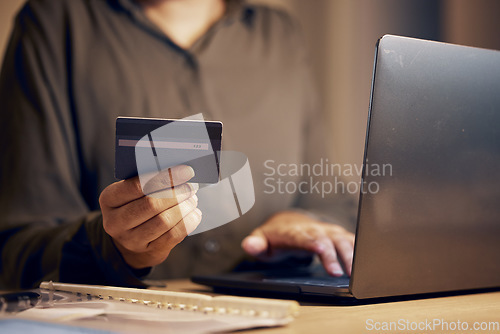 Image of Online shopping, laptop and woman hands with credit card for digital bank payment, fintech security or finance sale. Night person, ecommerce banking or customer search retail product on store website