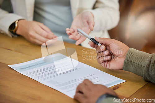 Image of Business, hands and contract with pen for signature, recruitment or hiring form on office desk. Hand of people in partnership meeting, b2b or application for legal approval or confirmation on table