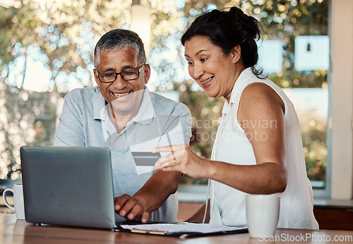 Image of Laptop, credit card and senior couple online shopping, banking or digital payment in home. Fintech, ecommerce and smile, laughing and happy retired man and woman with computer for internet purchase.