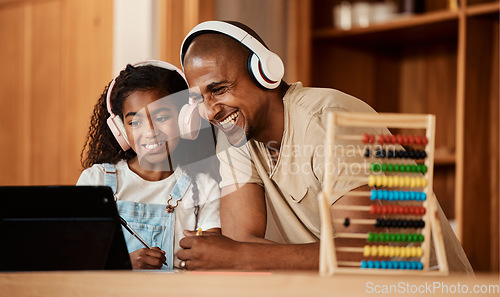Image of Headphones, home education and father with kid for video call, math learning and e teaching support in online class. Family or dad with girl child on computer excited for teaching sound development