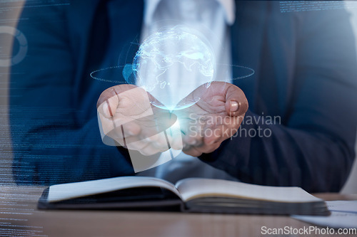 Image of Business woman palm with global hologram for worldwide connection, globe data and cybersecurity planning on notebook. Holographic, digital world and planet earth of person hands in futuristic overlay