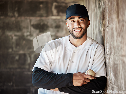 Image of Wall background, baseball and portrait of man with ball ready for game, match and practice in stadium. Softball mockup, sports and happy player smile in dugout for training, exercise and competition