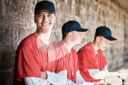 Image of Baseball, team and man with smile in portrait, sports and professional club with young athlete and fitness. Sport, happiness and exercise with active lifestyle, softball and group outdoor