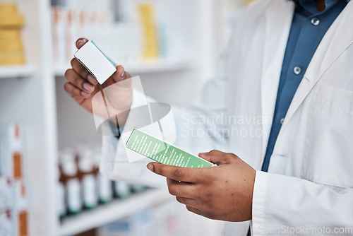 Image of Pharmacy check, black man hands and medicine ingredients checking and pills. Pharmacist, drugs search and pharmaceutical products in a retail shop or clinic with healthcare and wellness employee