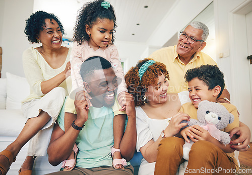 Image of Black family, smile and living room sofa with senior people, parent love and care in home. Lounge, happiness and children with mom and dad feeling happy with kids on couch with mama and grandparents