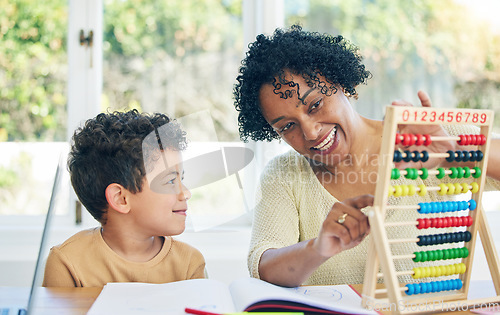 Image of Education, grandmother or child learning math for kindergarten school homework or abacus at home. Smile, counting or happy senior woman working or helping a smart young boy student with development