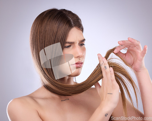 Image of Face, beauty and hair loss of sad woman in studio isolated on a gray background. Angry, haircare and upset female model with keratin hairstyle problem, split ends and damage after salon treatment.