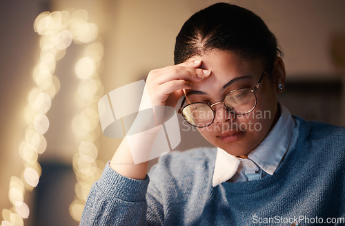 Image of Hispanic woman, study headache and education burnout of a student with stress. Night thinking, online university project and anxiety of a young female with glasses and blurred background in the dark