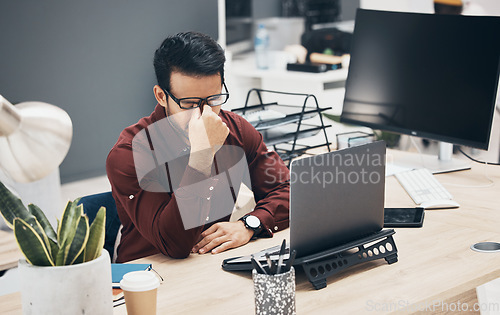 Image of Employee, headache and man with burnout, stress and laptop or depression in workplace, for schedule. Male entrepreneur, consultant and worker with migraine, planning and device with anxiety