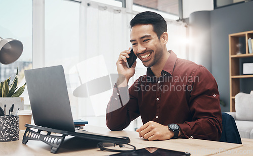 Image of Networking phone call, laptop and man listening to funny joke from digital business contact. Happiness, communication chat and happy person, consultant or manager talking, speaking or in conversation