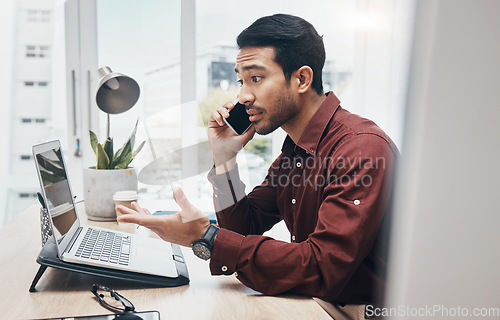 Image of Phone call stress, laptop problem or man communication with tech contact for computer glitch, 404 error or database crash. System crisis, frustrated or agent talking about website or software fail