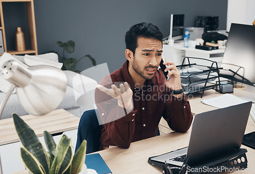 Image of Frustrated phone call, laptop problem and man talking to tech contact for computer glitch, 404 error or database crash. System crisis, stress and person consulting on website glitch or software fail