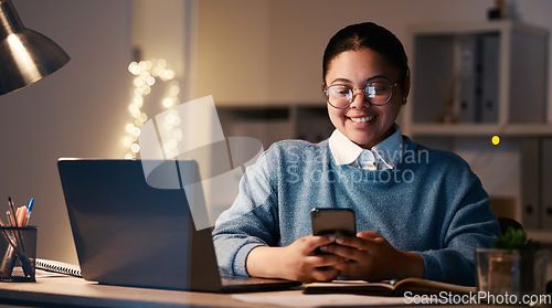 Image of Woman, phone and student with laptop in home for elearning, project or studying at night. Bokeh, mobile and smile of happy business female, freelancer or remote worker with smartphone for research.
