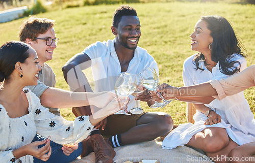 Image of Toast, nature or friends on a picnic to relax on holiday vacation to celebrate diversity or freedom. Cheers, wine and people with a happy smile, support or love in celebration of birthday or reunion