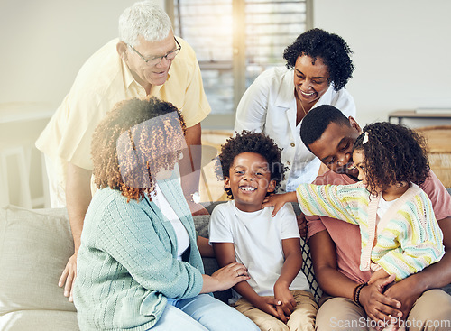 Image of Happy family, love and support with generations, solidarity and trust with grandparents, parents and children. Together, unity and people relax at home with bonding, smile and happiness with care