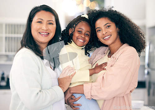 Image of Portrait of lgbt family, women with child and love in multiracial relationship with happy adoption. Diversity, pride and mothers with girl, lesbian couple with smile, support and loving home together