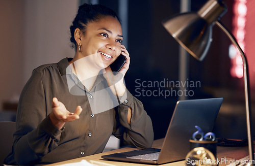 Image of Phone call communication, night or business woman explain idea, proposal or plan on digital chat with investment contact. Networking conversation, discussion or person talking, speaking or consulting