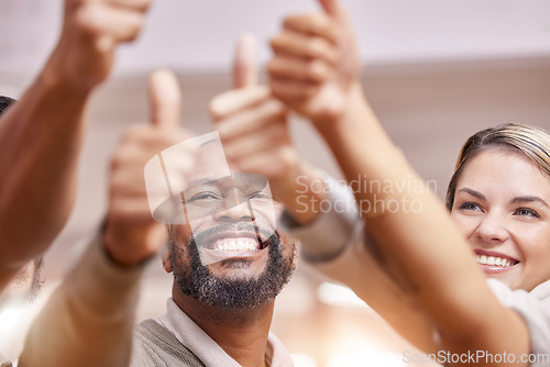 Image of Thumbs up, winning and group of people with thank you, support and diversity hands sign for solidarity, yes or like. Vote, goals and winner team or business staff teamwork, agreement and well done