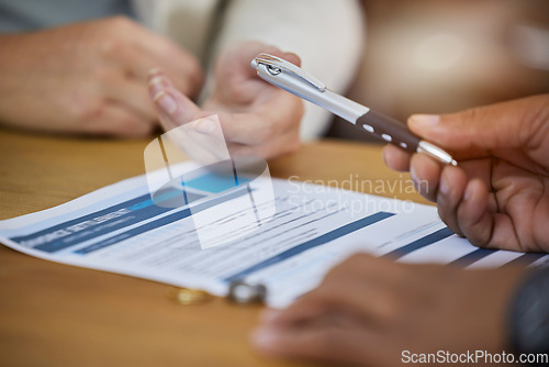 Image of Business, hands and contract with pen for signature, recruitment or hiring form on office desk. Hand of people in partnership, b2b or writing application for legal approval or confirmation on table