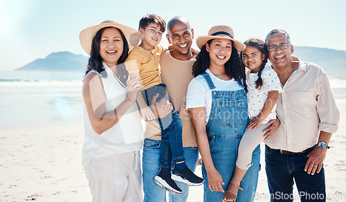 Image of Portrait, beach and black family bonding in nature outdoor together on vacation during summer. Happy, smile or love with children, parents and grandparents on the coast or shore for a holiday