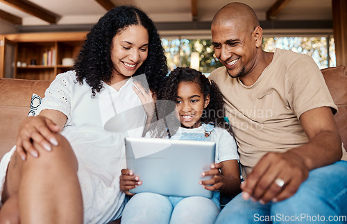 Image of Family, relax and girl with tablet on sofa in home living room for social media, video streaming or internet browsing. Technology, love and happy father, mama and child with touchscreen for learning.