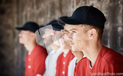 Image of Baseball, uniform or dugout with a sports man watching his team play a game outdoor during summer for recreation. Sport, teamwork and waiting with a male athlete on the bench to support his teammates