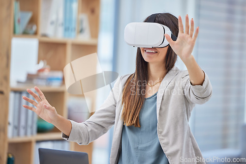 Image of Vr, virtual reality and business woman in office exploring metaverse with digital technology. 3d, ai and happy female employee with futuristic headset for gaming, web browsing or fantasy simulation.