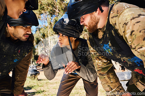 Image of Mission, paintball or team in huddle planning strategy goals, or soldier training on war battlefield. People, community or army soldiers talking for support, collaboration or military group together