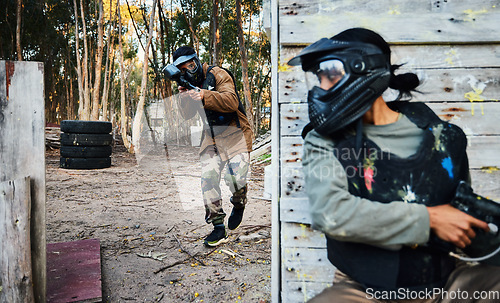 Image of Paintball, sports and man with gun for battle, game or competition outdoors on field. War fight, military army and male soldier with weapon on shooting range while hiding from opponent for exercise.